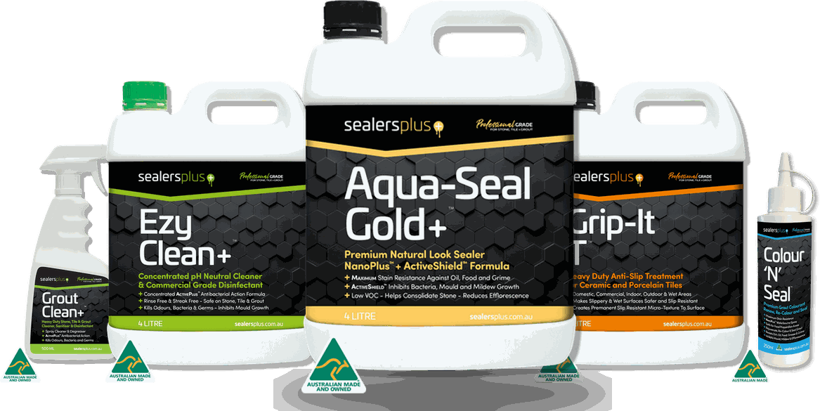 Sealers Plus Aqua-Seal Gold+, EzyClean+, Grip-It T, Grout Clean+ and Colour'N'Seal