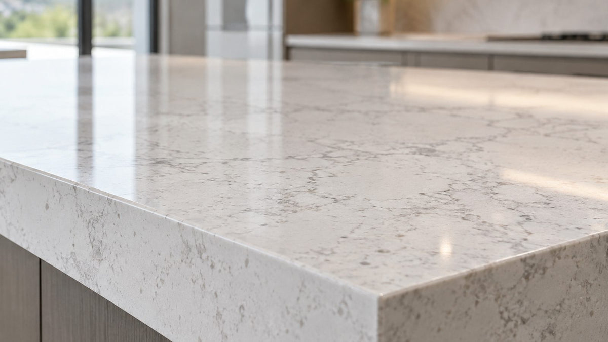 White engineered stone kitchen benchtop with fine grey speckle