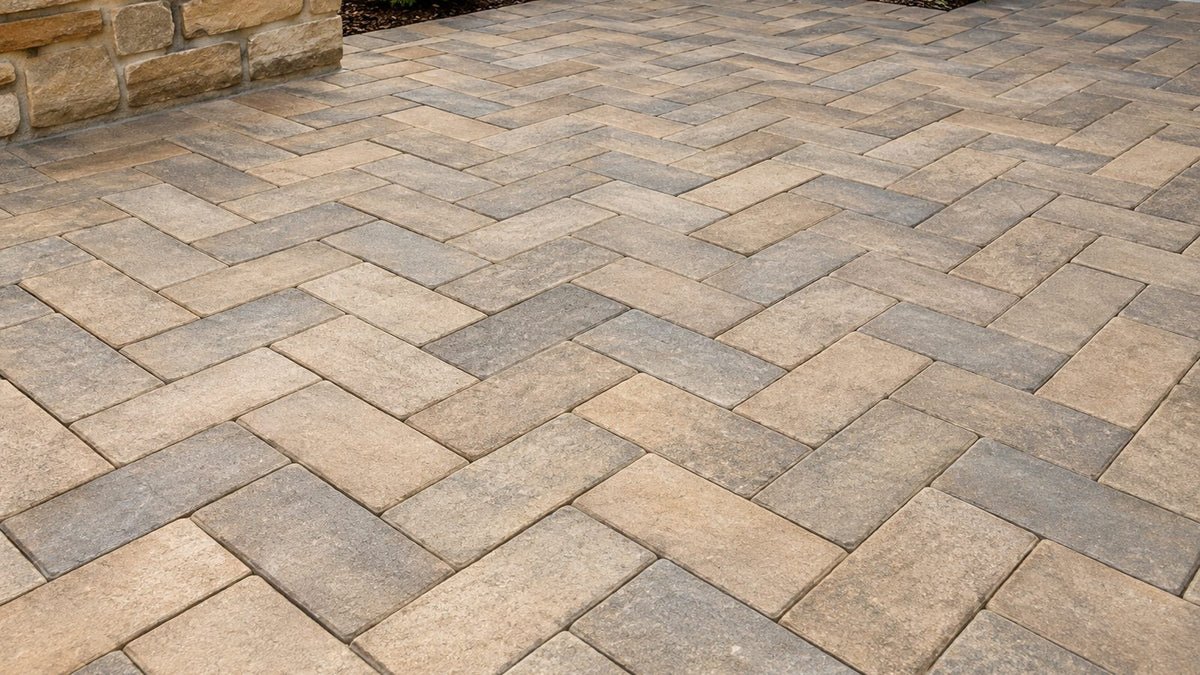 Herringbone paved courtyard in sand and grey tones